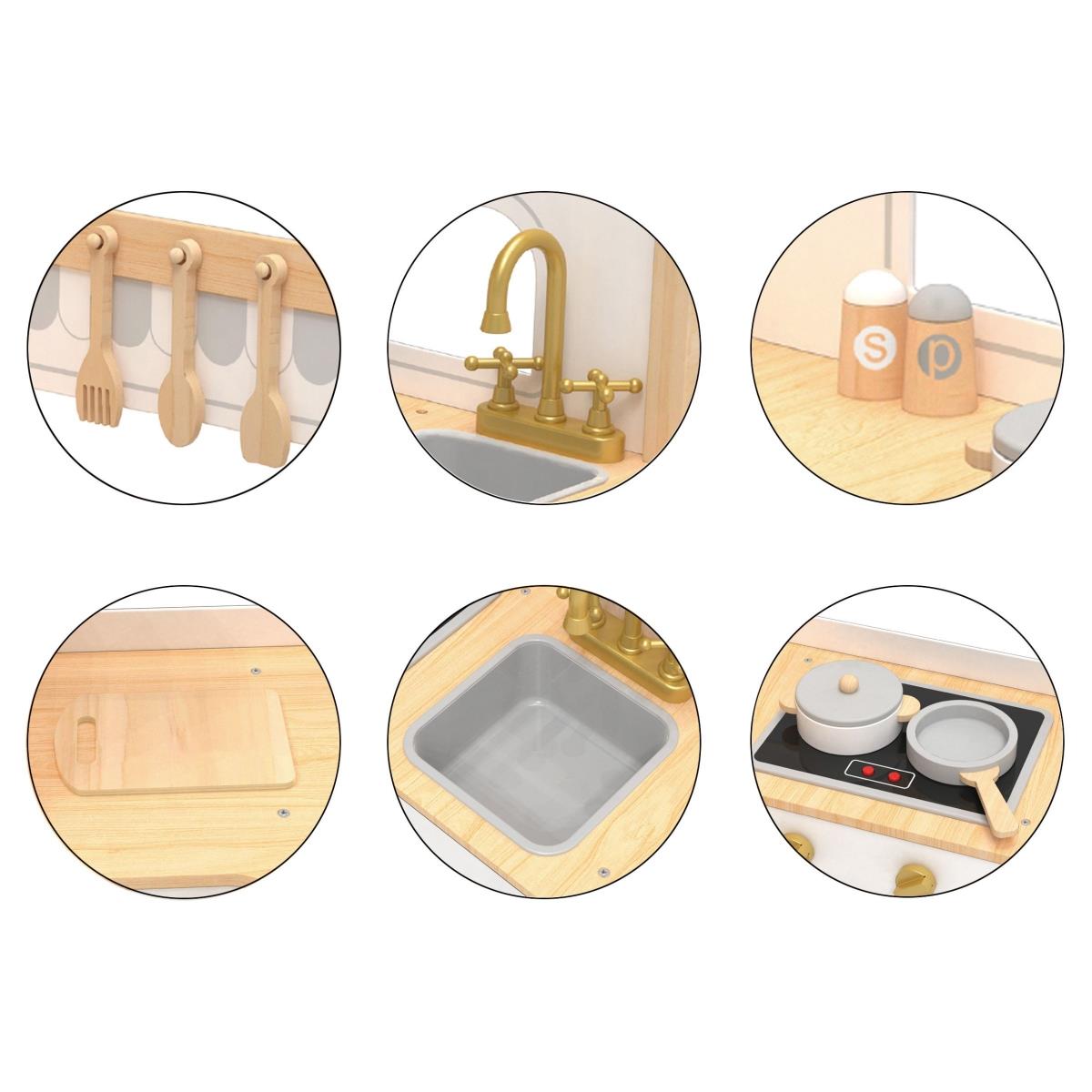 XXXL lesena interaktivna kotna kuhinja s hladilnikom, mikrovalovno pečico, pečico, pralnim strojem in dodatki - naravna