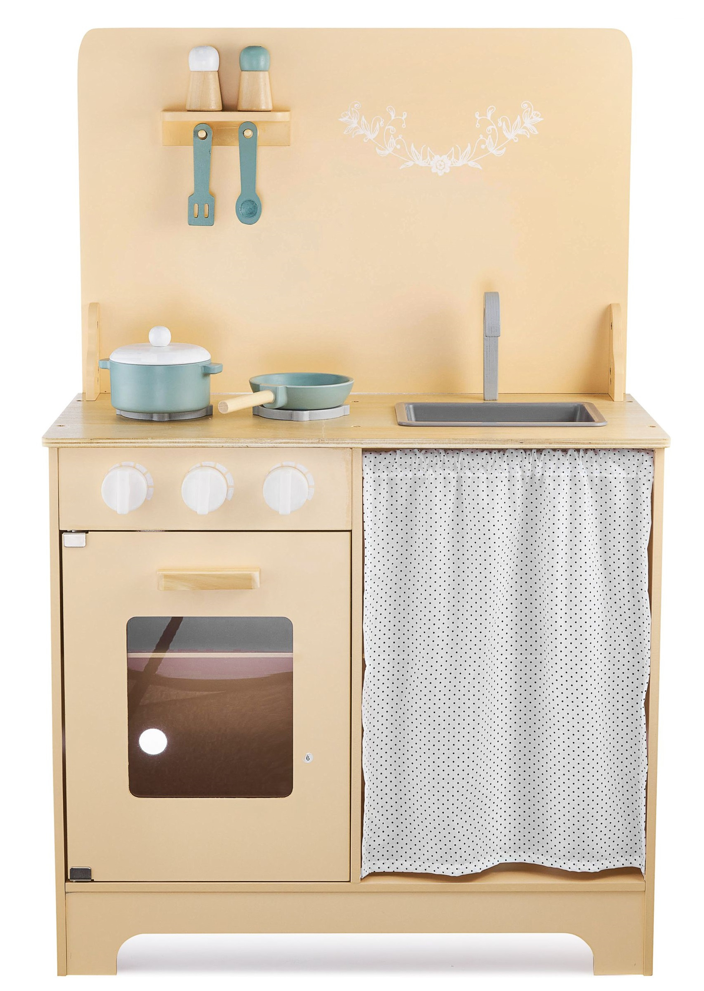 Lesena kuhinja s predpasnikom, dodatki in razsvetljavo LED