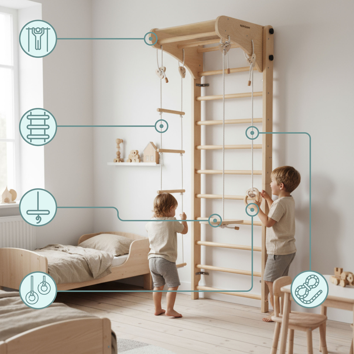 Lesena gimnastična lestev za otroke s pripomočki - gugalnico, gimnastičnimi obroči in vrvno lestvijo