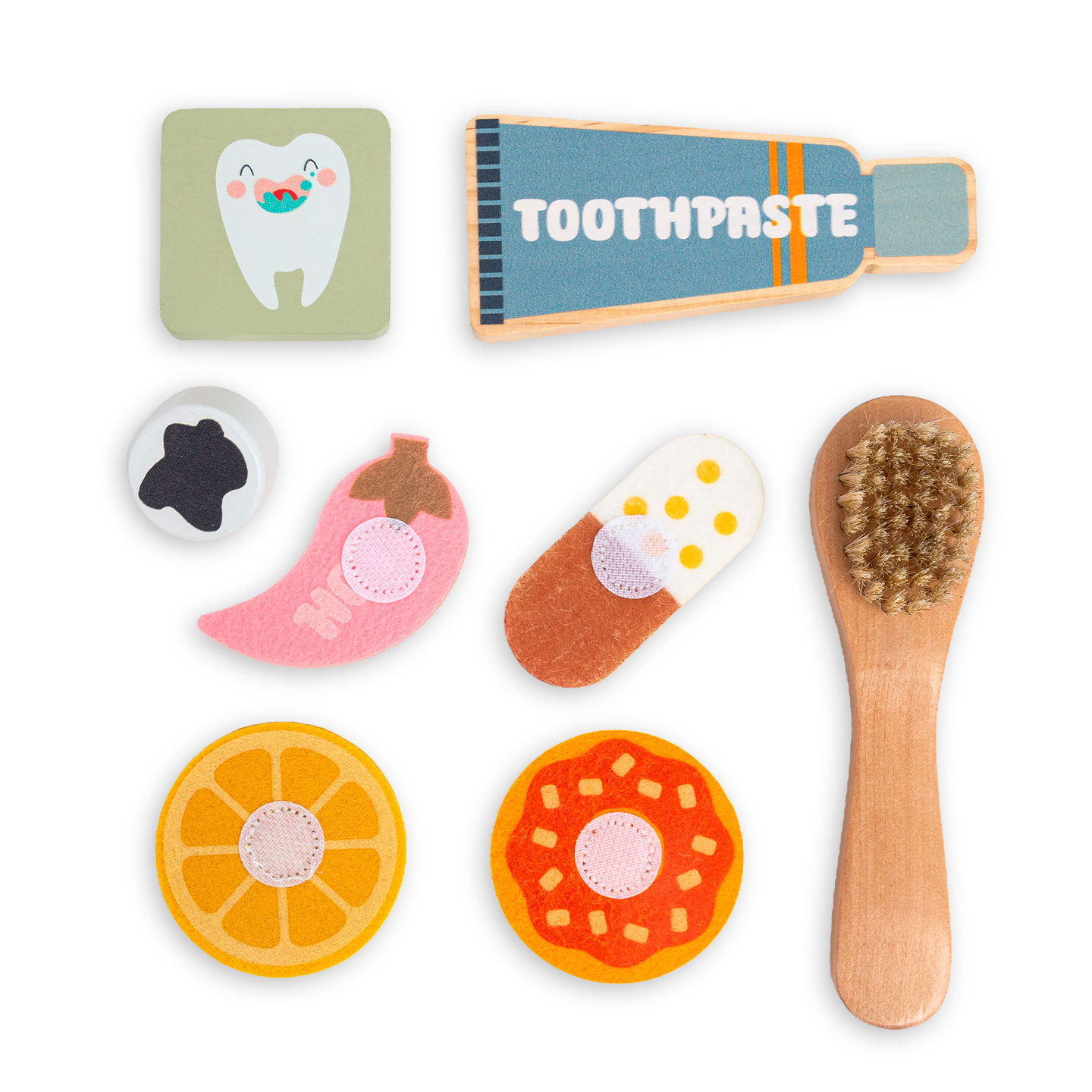 Lesena Montessori izobraževalna tabla Mali zobozdravnik - zobna ščetka, zobna pasta, odstranljivi zobje, ogledalo, hrana, učni okusi