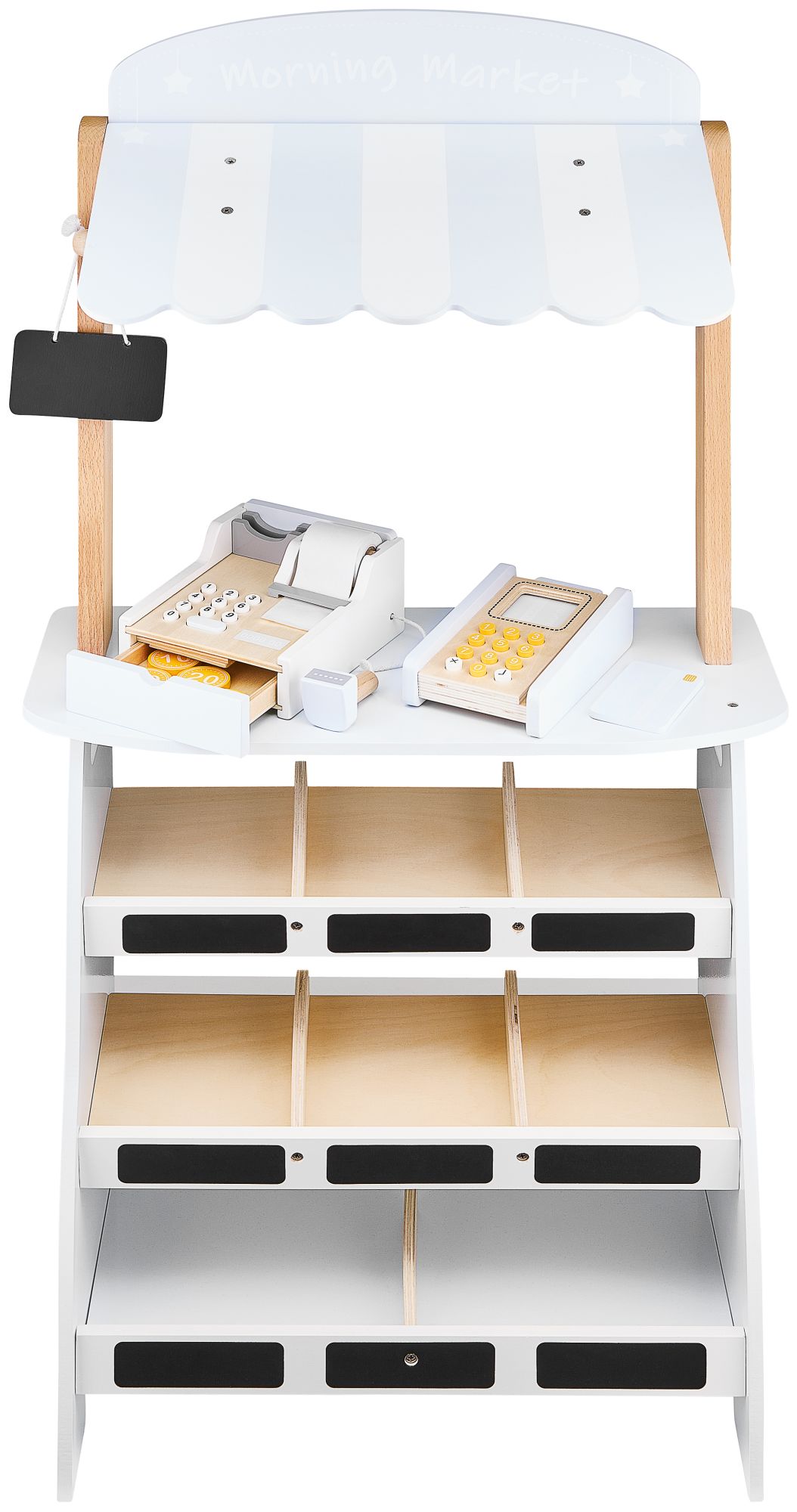 Trgovina z zelenjavo - lesena stojnica z zaboji, blagajno in terminalom