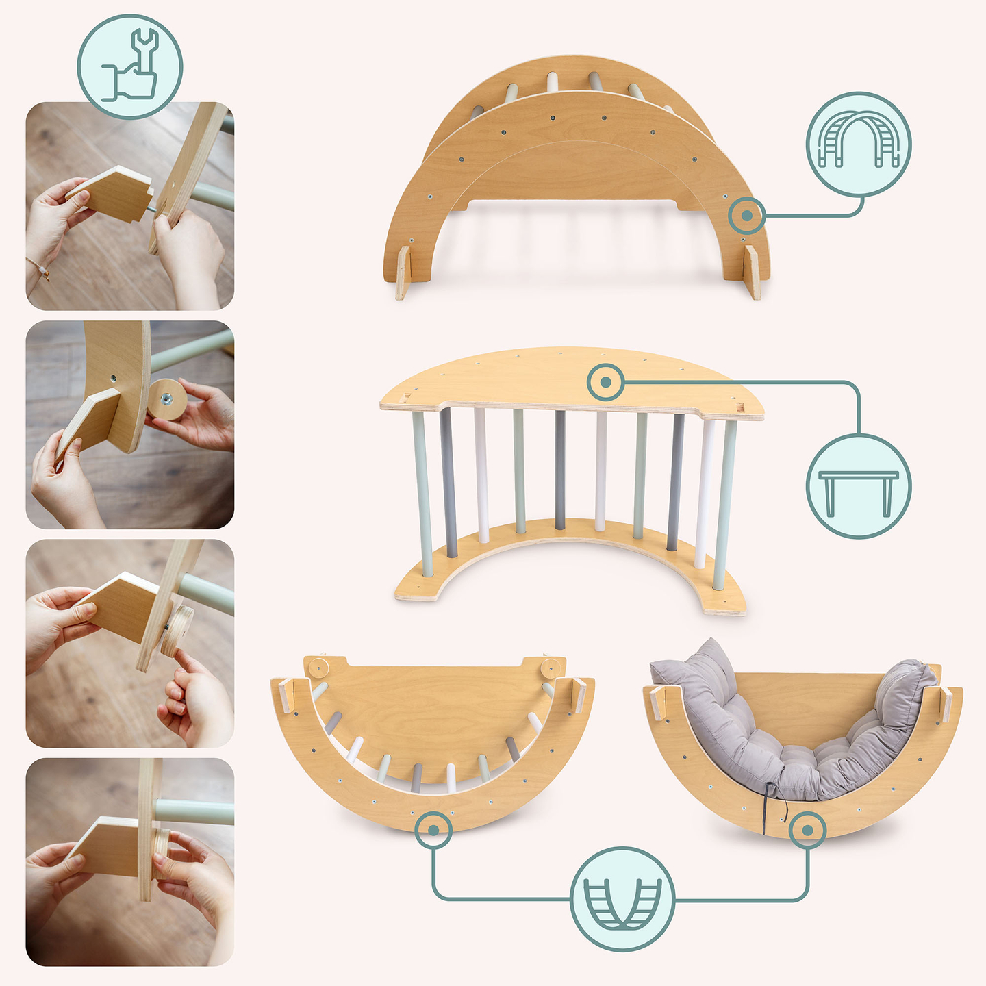 Leseno notranje igrišče za otroke - plezalna stena, tobogan, plezalni lok/gugalnica in Piklerjev trikotnik