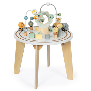 Lesena okrogla izobraževalna miza z magnetnim vlakcem in izstrelkom perlic