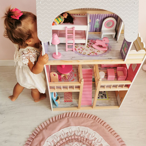 Velika lesena 3-nadstropna hiša za punčke s teraso, pohištvenim kompletom in LED osvetlitvijo!