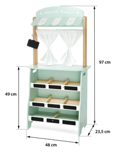 Velika lesena trgovina - stojnica in gledališče 2 v 1 s tehtnico, plačilnim terminalom, sadjem in zelenjavo