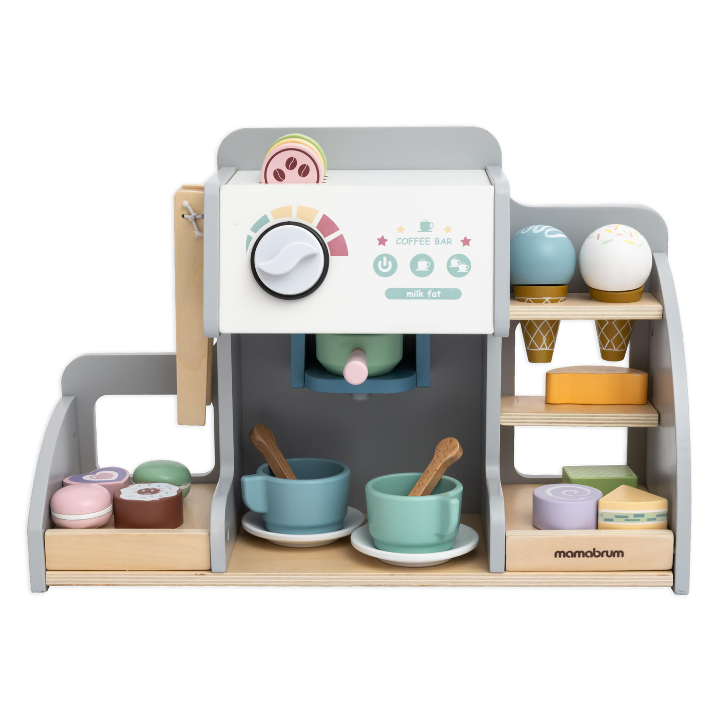 Velika lesena sladoledarna z magnetno tablo, aparatom za kavo ter setom za sladoled in sladice - več kot 70 kosov!